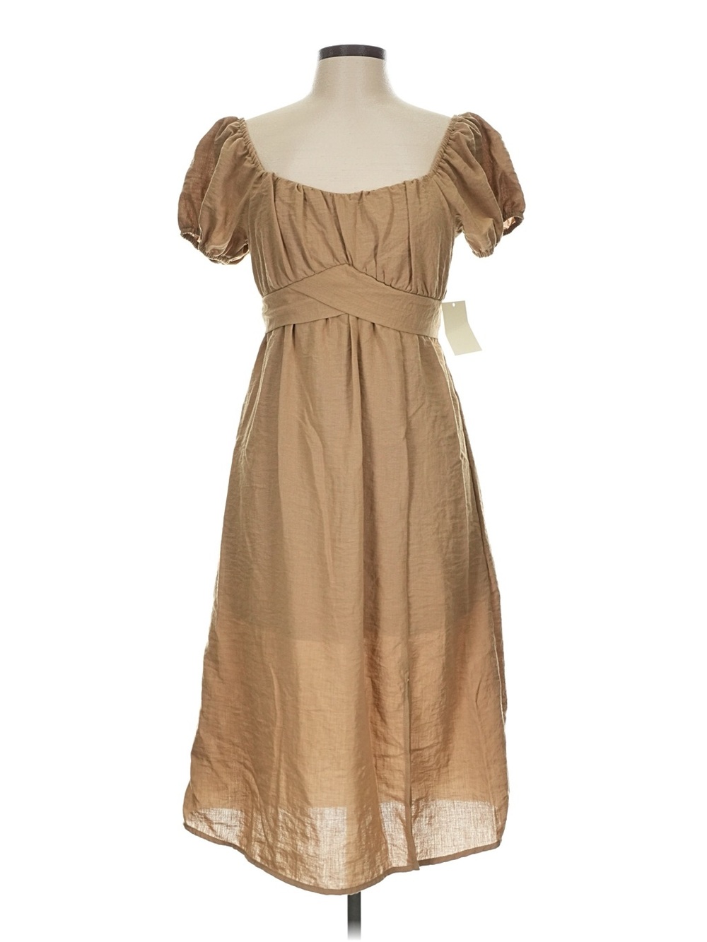 NWT Women’s Large Puff Sleeve Empire Waist Midi Dress - Tan